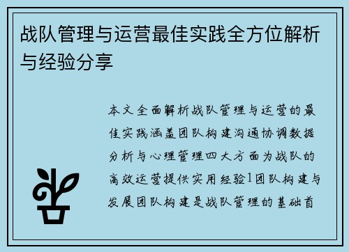 战队管理与运营最佳实践全方位解析与经验分享