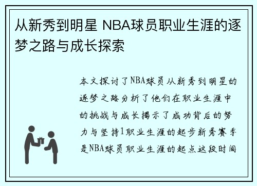 从新秀到明星 NBA球员职业生涯的逐梦之路与成长探索